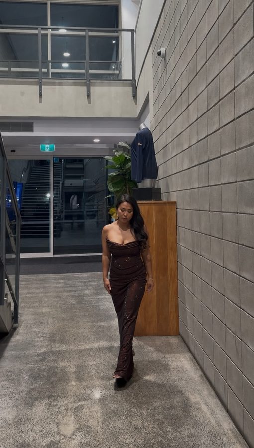 Customer wearing a Last Night's Dress rental